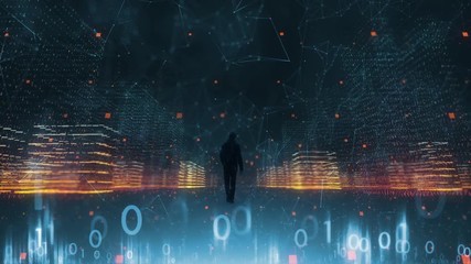 Wall Mural - human silhoutte walks alone in virtual city with computer cyberspace data motion background.
