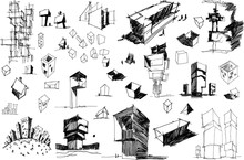 Many Hand Drawn Architectectural Sketches Of A Modern Abstract Architecture Nad Geometric Objects And Urban Ideas And Drafts