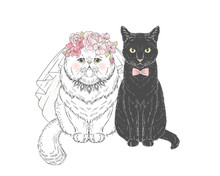 White Persian Cat Bride In Wedding Veil And Floral Diadem And Black Cat Groom In Bow Tie. Vector Hand Drawn Animal Illustration For Save The Date Wedding Party Design.