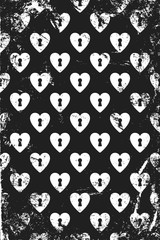 Canvas Print - Grunge pattern with icons of keyhole hearts. Vertical black and white backdrop.