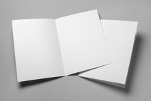 Blank Half-folded Booklet, Postcard, Flyer Or Brochure Mockup Template On Gray Background