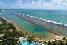 Aerial View Of Porto De Galinhas's Beach, Pernambuco, Brazil: Vacation On The Paradisiac Beach With Fantastics Natural Pools. 
