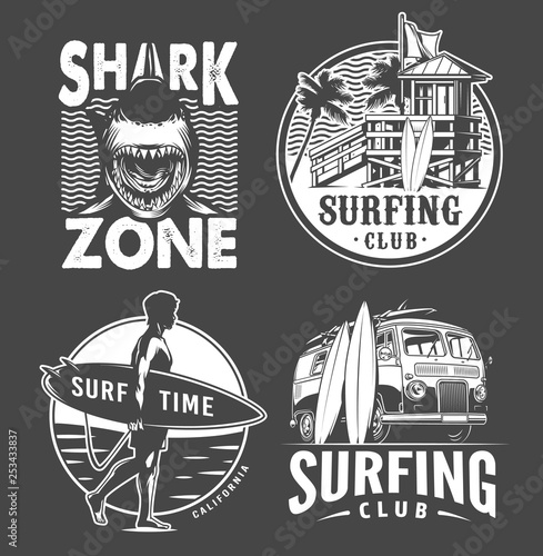 Monochrome vintage surfing badges set