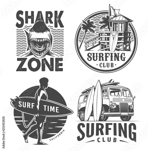 Vintage surf logos monochrome set