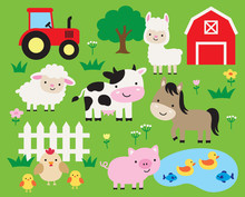 Cute Farm Animals Vector Illustration Set Including Cow, Horse, Pig, Llama, Hen, Chicken, Duck, Fish, Sheep, Barn, And Tractor. Cute Cartoon Animals In A Ranch.