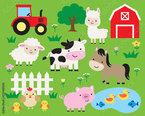 Cute farm animals vector illustration set including cow, horse, pig