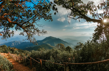 Landscape around of DOI PUI CO mountain, beautiful view point of the famous in Mae Hong Son Province, Thailand. Retro style  processed photo.