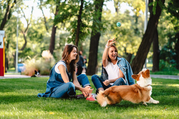 Two female friend in the park play with little dog