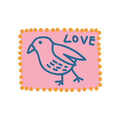 Poster - Pink Vintage Postcard with Bird and Love Lettering