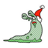 Fototapeta Dinusie - gross comic book style illustration of a slug wearing santa hat
