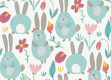 Vector seamless pattern with rabbits and flowers.
