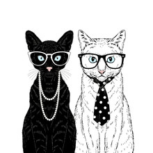 Black Female Cat Dressed Up In Pearl Necklace And White Male Cat Dressed Up In Dotty Tie. Matching Cats Couple. Vector Hand Drawn Animal Illustration. Funny Cats Poster.