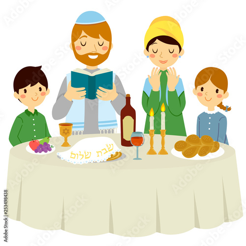 Fotografía Jewish family having a Shabbat dinner with a traditional Kiddush