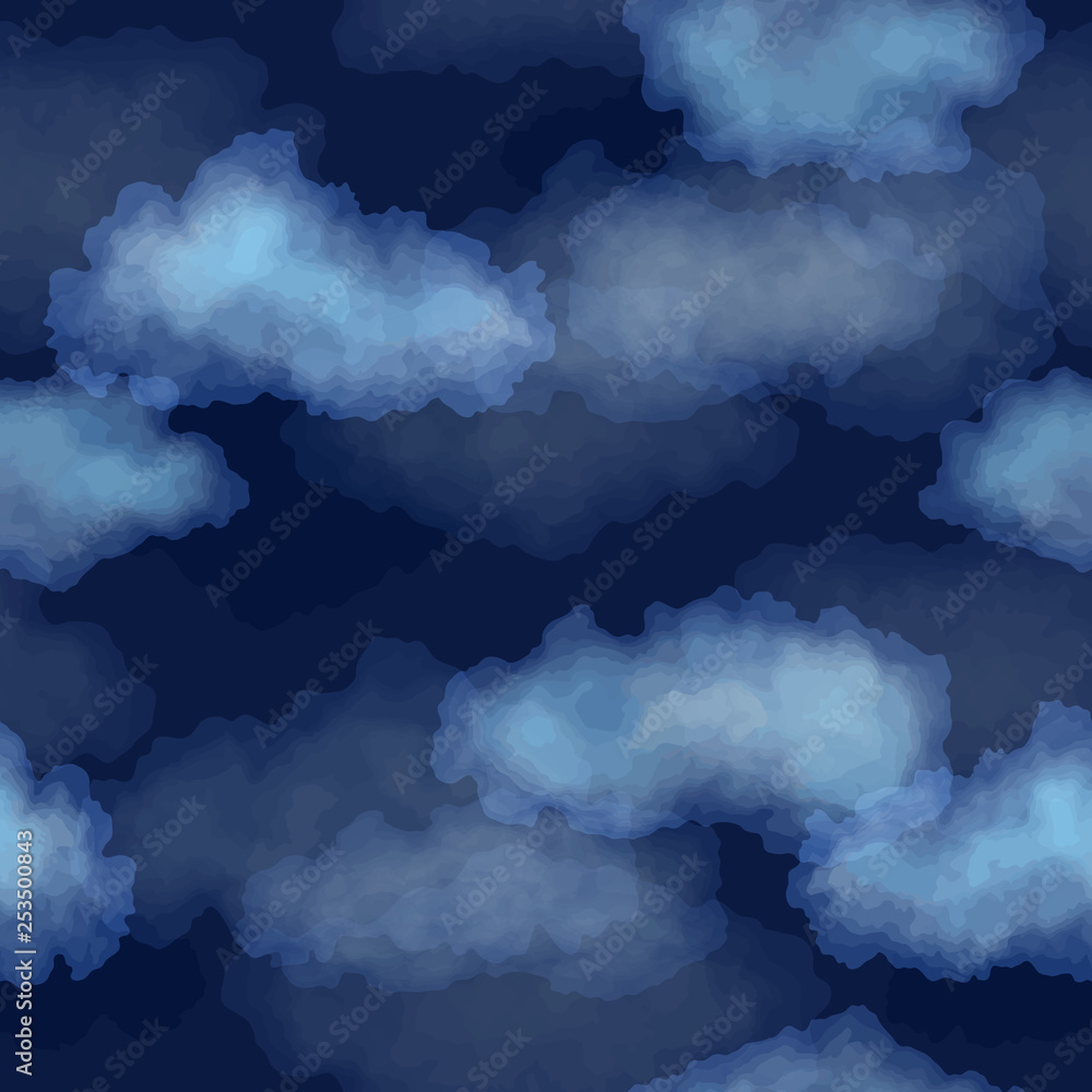 Seamless dark blue night sky pattern with watercolor clouds - obrazy, fototapety, plakaty 