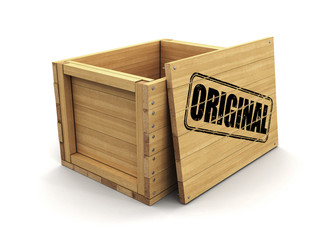 Sticker - Wooden crate with stamp Original. Image with clipping path