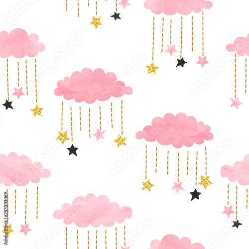 Seamless vector pink watercolor clouds and stars pattern.
