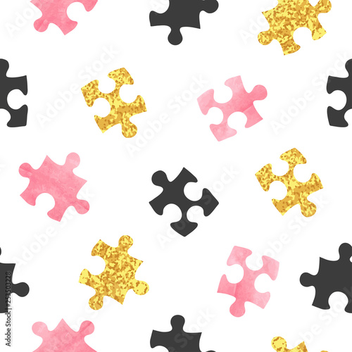 Seamless vector puzzle pattern in pink, black and golden colors.
