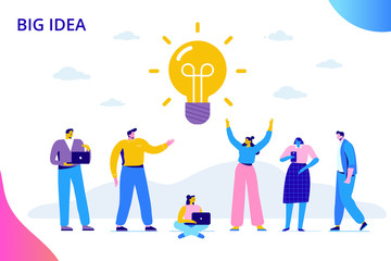 Canvas Print - Flat business people with big Light Bulb Idea. People working together on new Project.  Creativity, Brainstorming, Innovation concept.  Flat Vector illustration.