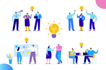 Canvas Print - Flat business people with big Light Bulb Idea. People working together on new Project.  Creativity, Brainstorming, Innovation concept.  Flat Vector illustration.