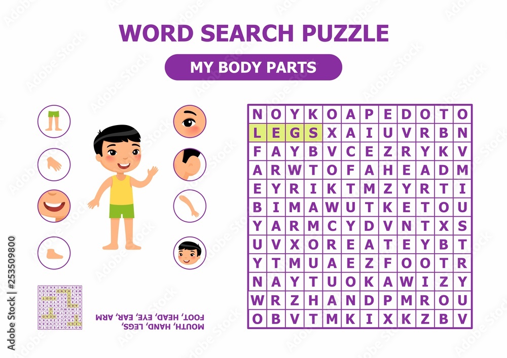 Word search puzzle. My body parts - anatomy for children. Cartoon ...
