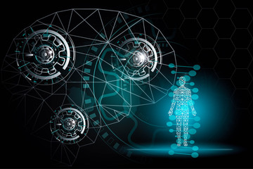 Wall Mural - abstract background technology concept in blue light,brain and human body technology modern medical 