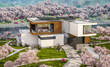 © korisbo - 3d rendering of modern cozy house by the river with garage. Fresh spring day with a blooming garden. For sale or rent with flowers of sakura on background.