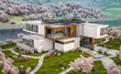 © korisbo - 3d rendering of modern cozy house by the river with garage. Fresh spring day with a blooming garden. For sale or rent with flowers of sakura on background.