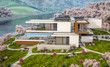 © korisbo - 3d rendering of modern cozy house by the river with garage. Fresh spring day with a blooming garden. For sale or rent with flowers of sakura on background.