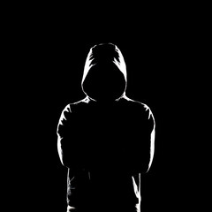 Computer hacker in hoodie. Obscured dark face. Data thief, internet fraud, darknet and cyber security concept.