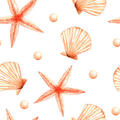 Watercolor sea seamless pattern with shell, starfish, pearl. On white background. Illustration.