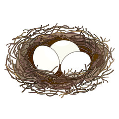 Drawing of outline bird nest with three white eggs isolated on white background.