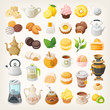 Set of vector icons. Tea cups, kettles and desserts. Tea additives and foods. Isolated vector illustrations