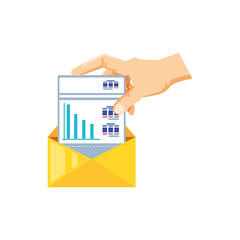 Sticker - hand with envelope and document of statistic graphic