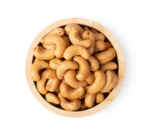 Roasted Cashew Nuts With Salted In Wood Bowl Isolated On White Background