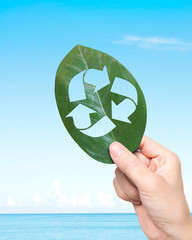 Wall Mural - Concept of provide resource recovery, zero waste and green friendly technology, female hand holding a leaf with hole of recycling symbol, on blue sky sea background.