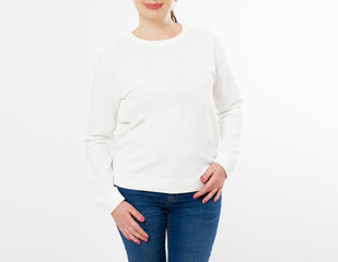 Poster - smile woman in white pullover posing on white background - mock up cropped image