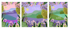 Set Of Vector Illustration In Trendy Flat Cute Style - Flowers, Trees And Nature Landscape