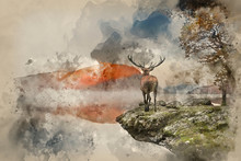 Watercolour Painting Of Stunning Powerful Red Deer Stag Looks Out Across Lake Towards Mountain Landscape In Autumn Scene
