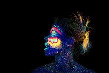 The Woman Portrait Face, Aliens Asleep, Ultraviolet Make-up. Beautiful Blue Woman Screaming In Profile	