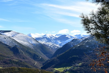  Winter landscape with snowy mountains, trees and green valley with forest. Lugo, Galicia, Spain.