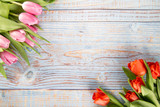 Fototapeta Kwiaty - Kolorowe tulipany  na drewnianym tle