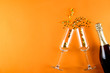 © Evrymmnt - Bottle of champagne, flute glasses with confetti, streamers and other party attributes in flat lay composition on bright orange paper background. Close up, copy space, top view.