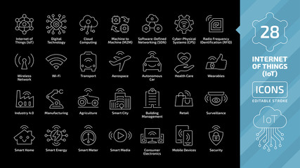 Vector editable stroke line internet of things icon set on a black background with wireless network and cloud computing digital IoT technology. Smart home, city, healthcare, business thin outline sign