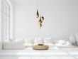 Light and spacious bohemian living room, Scandi–Boho style, 3d render