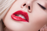 Sexy Lips. Beauty Portrait of a Healthy Beautiful Young Woman with Pink Lips, closeup. Advertising Board. Red lips. - Image