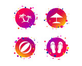 Fototapeta Abstrakcje - Beach holidays icons. Ball, umbrella and flip-flops sandals signs. Palm trees symbol. Gradient circle buttons with icons. Random dots design. Vector