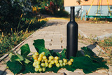 Fototapeta  - bottle of wine stands against the green leaves of the vineyard. vine. natural drink, private vineyards. natural drink, private vineyards grapes are nearby standing on the road in the countryside