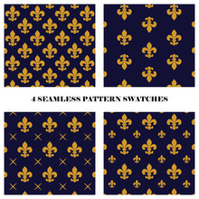 Vector Set Of 4 Fluer De Lis Seamless Repeat Pattern Swatches In Dark Blue And Yellow Colors. Textile Design.