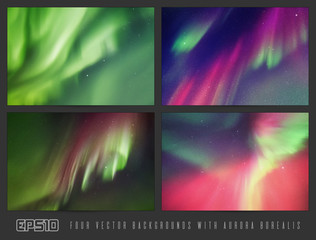 vector set of colorful backgrounds with beautiful starry sky and northern lights. space illustration