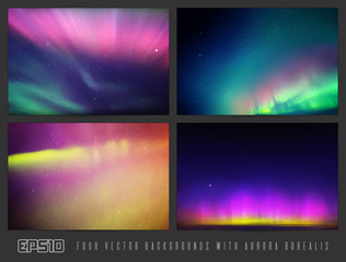 Sticker - vector set of colorful backgrounds with beautiful starry sky and northern lights. space illustration